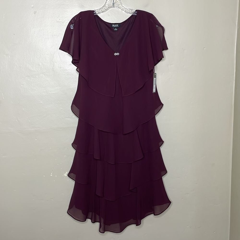 SLNY Tired Rhinestone Caplet Burgundy Dress Special Occassion NWT 8